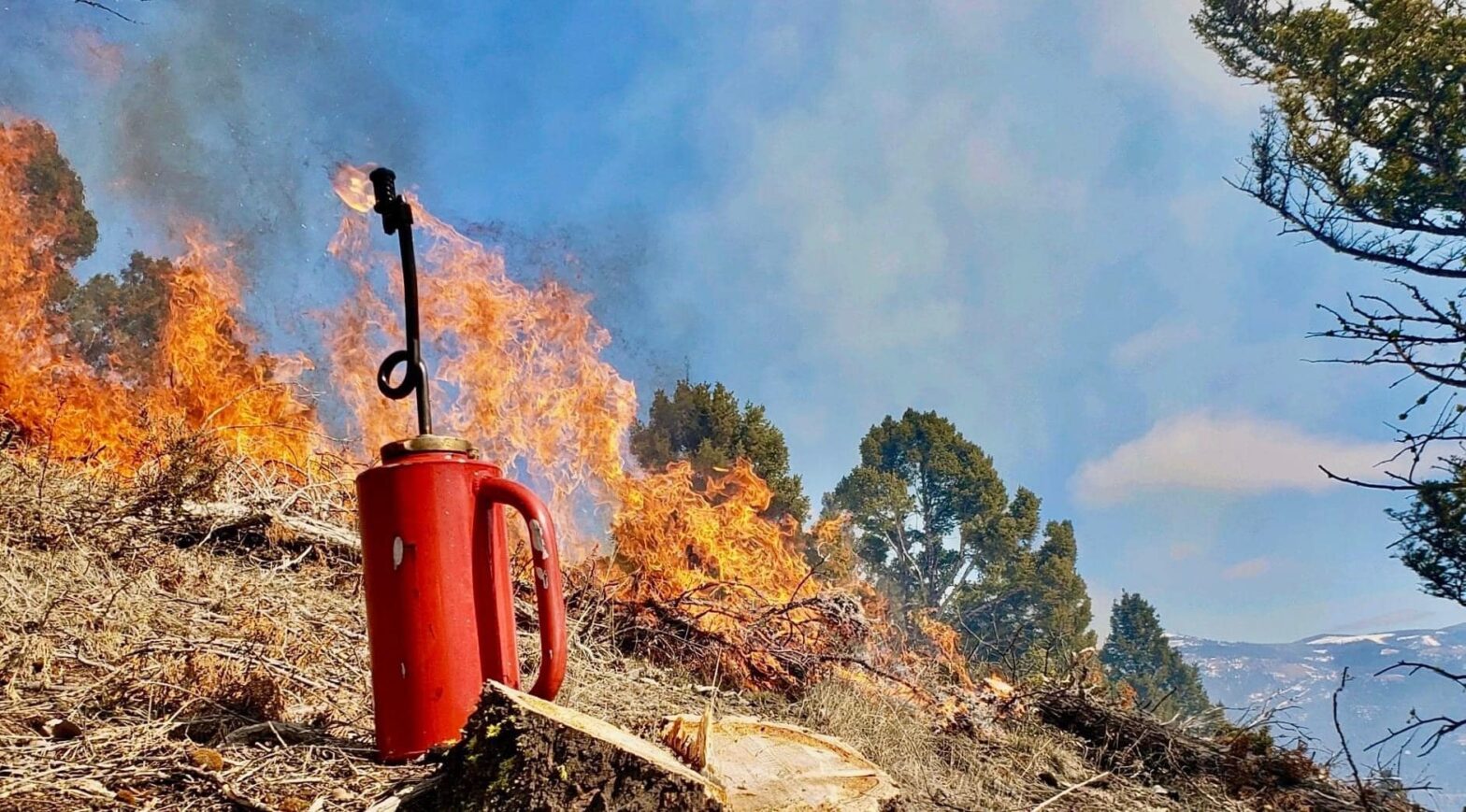 foto com dispositivo queimador de cor vermelho com fogo ao fundo.